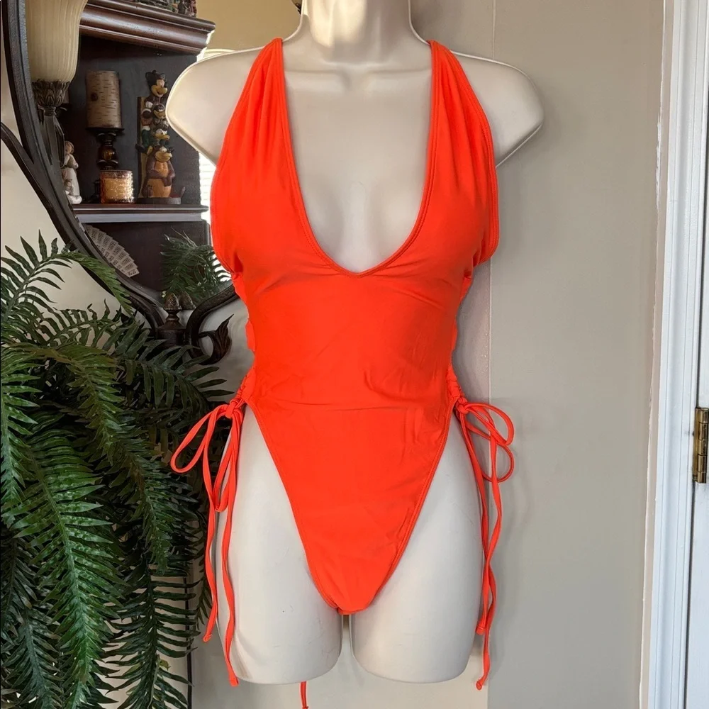 NWOT Orange Plunge One Piece Tie Back Swimsuit w/ Long Sleeve Ombre Mesh CoverUp